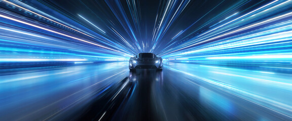 Poster - Speeding Sports Car On Neon Highway. Powerful acceleration of a supercar on a night track with colorful lights and trails. 3d render