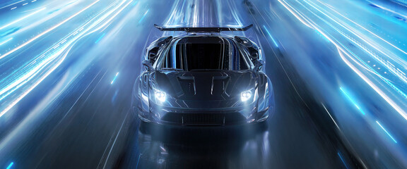 Poster - Speeding Sports Car On Neon Highway. Powerful acceleration of a supercar on a night track with colorful lights and trails. 3d render
