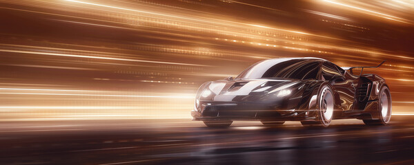 Poster - Speeding Sports Car On Neon Highway. Powerful acceleration of a supercar on a night track with colorful lights and trails. 3d render