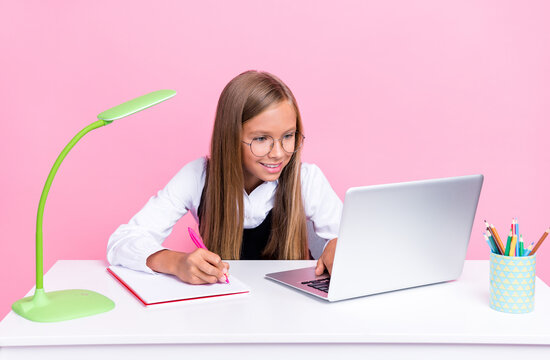 photo of clever schoolkid using netbook browsing information for project test isolated on pastel col
