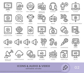 Poster - Set of conceptual icons. Vector icons in flat linear style for web sites, applications and other graphic resources. Set from the series - Audio and Video. Editable stroke icon.