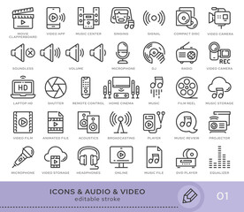 Poster - Set of conceptual icons. Vector icons in flat linear style for web sites, applications and other graphic resources. Set from the series - Audio and Video. Editable stroke icon.