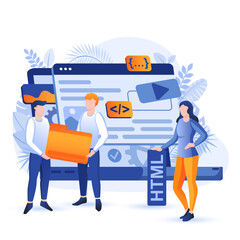Web development scene. Developers team is working together on project. Create of interfaces and applications, coding, programming concept. Illustration of people characters in flat design