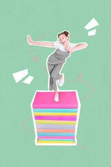 Poster - Vertical collage image of excited overjoyed girl dance pile stack book isolated on drawing background