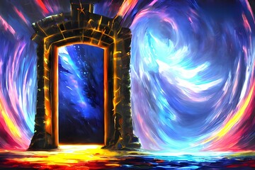 colorful illustration with gates to another universe