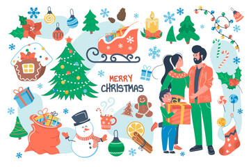 Merry Christmas concept isolated elements set. Bundle of family celebrating holiday, christmas tree, gifts, snowman, holly, decor garlands, cookies, drink. Illustration in flat cartoon design