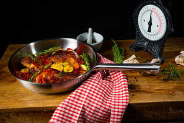 Wall Mural - Fried chicken legs with various vegetables and spices