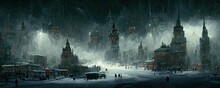 Content Old Renaissance City With Snow At Night, With Concept Art. Landscape, Vivid Color.