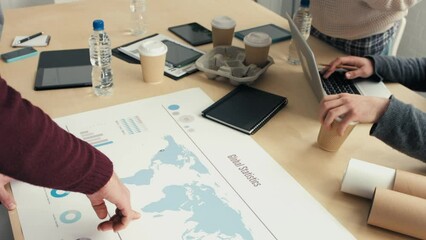 Poster - Global statistics, map and business hands in marketing meeting collaboration, planning strategy for advertising agency. Worldwide, global and map design planner team for company online website target