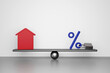 Red house model and percentage symbol icon with lock on seesaw. Concept for fixed interest rates for real estate,  financial and mortgage rates. 3D rendering.