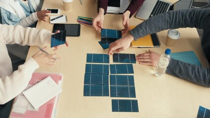 Poster - engineering people, meeting or product design of solar panels, startup prototype or solar energy gri