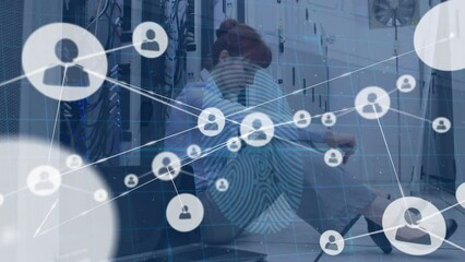 Poster - Animation of network of connections with icons and biometric fingerprint over female it engineer