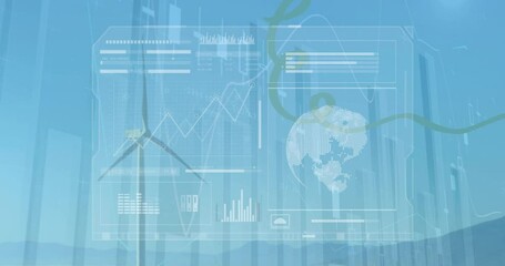 Poster - Animation of data processing with globe and statistics over wind turbines