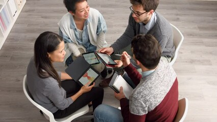 Aufkleber - Business people, meeting and tablet of team planning design in collaboration discussion at the office. Group of creative designers with technology in teamwork strategy or project plan at workplace