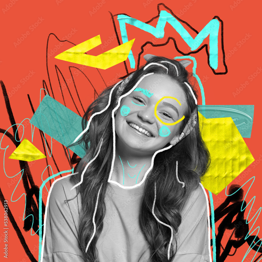 Bright happiness. Young girl's portrait with abstract graphics, lines ...