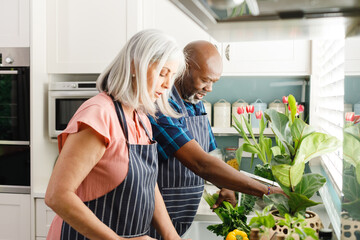 Wall Mural - Happy senior diverse couple wearing aprons and cooking in kitchen