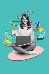 Sticker - 3d retro abstract creative artwork template collage of lady working samsung apple modern device isolated painting background