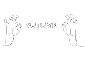 Poster - One continuous line of two hand holding a string with Autumn word. Thin Line Illustration vector concept. Contour Drawing Creative ideas.