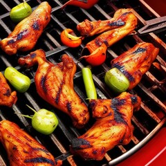 Poster - Hyper-realistic illustration of grilled chicken wings and vegetables on a barbecue grill