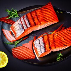 Sticker - Hyper-realistic illustration of grilled salmon fillet and vegetables on a frying pan