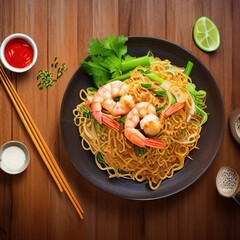 Wall Mural - Hyper-realistic illustration of Thai fried noodles with shrimp and vegetables in a  black plate