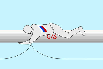 Wall Mural - man in a t-shirt with the Russian flag is crawling through a pipe with gas - one line drawing vector. concept Russian gas policy in Europe