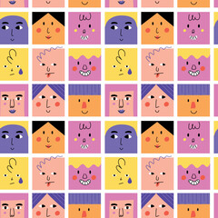  Abstract square faces seamless pattern. Funny cartoon characters, doodle trendy avatars, smile people, contemporary geometric print. Decor textile, wrapping paper, wallpaper. Vector background