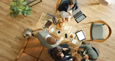Aufkleber - Top view, handshake or business people in meeting and tablet, laptop or teamwork collaboration in modern office. Men, women or startup workers on technology in strategy planning, welcome or thank you