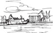 Vector illustration: sea port. Ferry ship, water, cloudy sky, buildings, cranes. Linear black and white sketch.