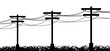 © MarkRademaker - Tangent towers. High voltage pole, electric wires and telephone cable, wire line pylon, poles network. Broken electric pylons, power transmission line. Cartoon for socket, electricity cable circuit.