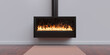 Burning fireplace, cozy home interior. Fire burning, freestanding gas stove