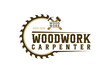 Carpenter hammer logo circular saw plane wood vintage badge illustration symbol woodwork industrial