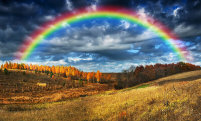  Rainbow with clouds over the canyon. autumn landscape. nature of Ukraine