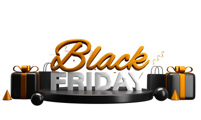 Wall Mural - 3d render of black friday font over podium with glossy gift boxes, shopping bags, balls, cone shape 