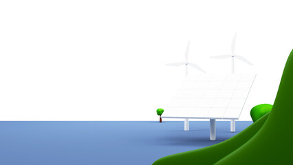 Wall Mural - 3D Rendering Solar Panel With Windmills, Trees And Copy Space On Blue And White Background.