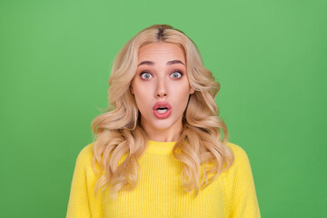 Sticker - Photo of stressed millennial blond lady open mouth wear yellow sweater isolated on green color background