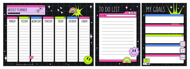 Poster - Weekly planner and To Do List  in y2k style. Kids Retrowave schedule design template