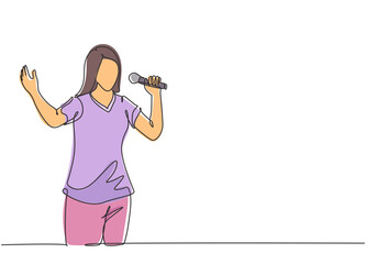 Poster - One continuous line drawing of young happy female singer holding a microphone and singing on music festival. Musician artist performance concept single line draw design graphic vector illustration