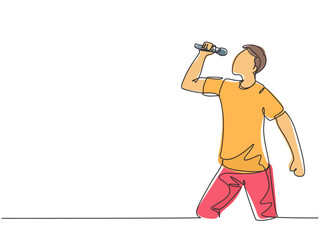 Poster - One single line drawing of young happy male rocker singer holding microphone and singing on music concert stage. Musician artist performance concept continuous line draw design vector illustration