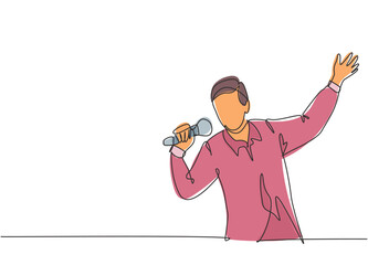 Poster - Single continuous line drawing of young happy male pop singer holding microphone and singing on concert stage. Musician artist performance concept one line draw design vector illustration