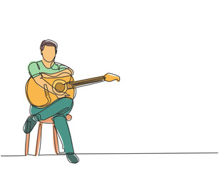Poster - Single continuous line drawing of young happy male guitarist sitting after playing acoustic guitar on chair. Trendy musician artist performance concept one line graphic draw design vector illustration