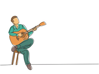 Poster - One single line drawing of young happy male guitarist playing acoustic guitar while sitting on chair. Modern musician artist performance concept continuous line draw design vector illustration graphic