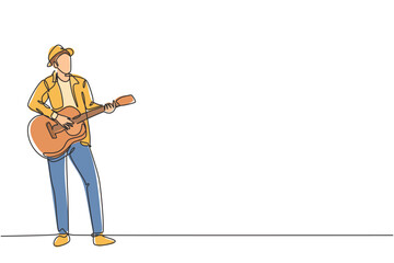 Poster - One continuous line drawing of young happy male guitarist wearing hat and playing acoustic guitar on street road. Trendy musician artist performance concept single line draw design vector illustration