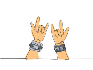 Poster - Single continuous line drawing of rocker showing hand gesture of rock music. Modern musician artist performance concept one line draw graphic design vector illustration