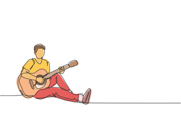 Poster - One continuous line drawing of young happy male guitarist sitting relax on the floor while playing acoustic guitar. Musician artist performance concept single line draw design vector illustration