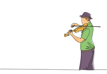 Poster - Single continuous line drawing of young happy male violinist wearing a hat and performing to play violin on music concert. Musician artist performance concept one line draw design vector illustration