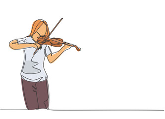 Poster - One continuous line drawing of young happy female violinist performing to play violin on music festival concert. Musician artist performance concept single line draw design graphic vector illustration