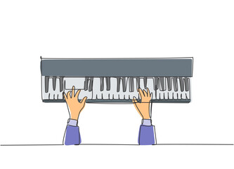 Poster - Single continuous line drawing of young happy pianist playing keyboard of grand piano on music concert orchestra, top view. Musician artist performance concept one line draw design vector illustration