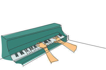 Poster - One continuous line drawing of young happy male pianist playing classic grand piano from side view. Musician artist performance concept single line draw design vector graphic illustration