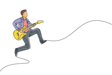 Wall Mural - One continuous line drawing of young happy male guitarist jumping while playing electric guitar on music concert stage. Musician artist performance concept single line draw design vector illustration